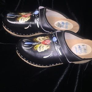Black Leather Mules with Floral Design